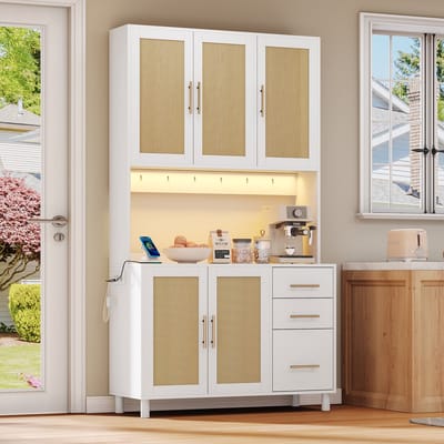 Keukenkast - Keukendressoir - buffetkast van 183 cm met app-gestuurde decoratieve ledverlichting, 2 x USB-poorten, 2 x stopcontacten, verstelbare planken, 3 lades en goudkleurige metalen handgrepen - Wit