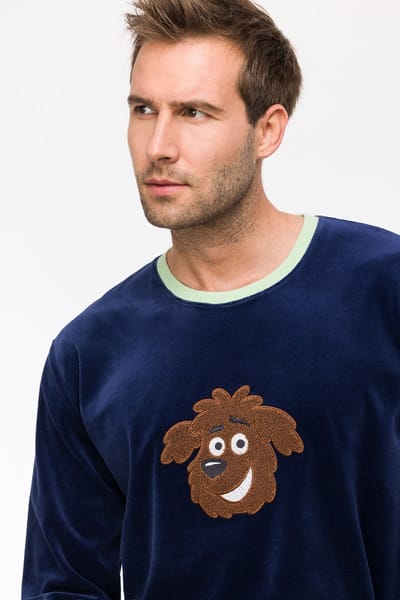 Woody pyjama jongens/heren velours - donkerblauw - labradoodle - 242-10-PLC-V/889 - maat 152