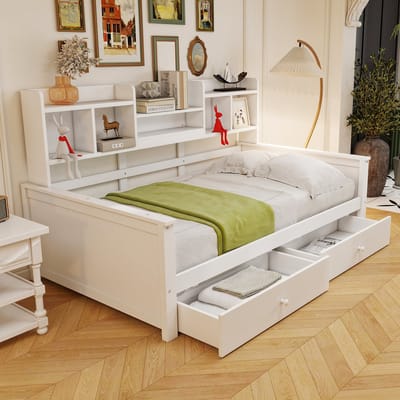 Slaapbank - 90 x 200 cm - Met Lades Planken Lattenbodem - Massief Hout - Wit