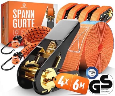 Spanbanden met ratel - 1000 kg capaciteit - 6 m lang en 2,5 cm breed - Gecertificeerde sjorbanden - Stabiele en weerbestendige ratelriemen - 4 stuks