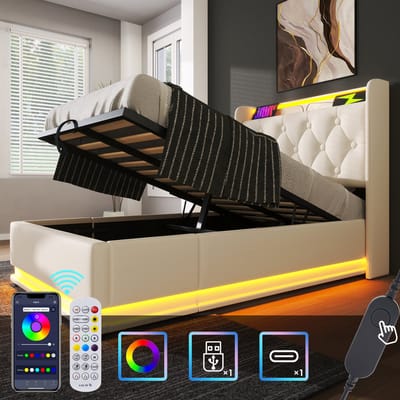Gestoffeerd eenpersoonsbed met hydraulische opbergruimte en 360° LED - 90x200 cm - Wit PU - USB-C oplaadpoort - App en afstandsbediening - Inclusief lattenbodem - Tot 113 kg belastbaar