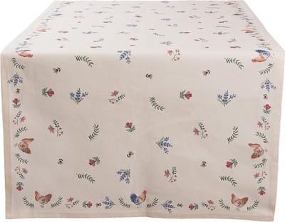 Clayre & Eef Tafelloper 50x140 cm Beige Blauw Katoen Rechthoek Kip en Haan Tafelkleed