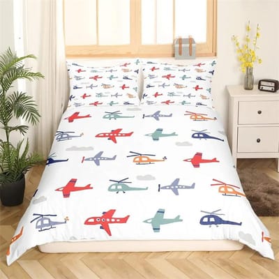 Vliegtuig Dekbedovertrek Vliegtuigen Vliegen in de Lucht Luchtvaart Luchthaven Helikopters en Jets Cartoon Stijl Kamer Decoratief voor Jongens Meisjes Cadeau 135x200cm 2pcs