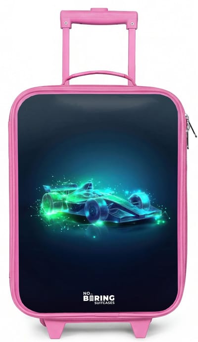 NoBoringSuitcases.com® - Kinderkoffer roze - Kindertrolley meisje - Neon racewagen in digitale stijl - Koffer kind lichtgewicht - Reiskoffer trolley voor kinderen - Koffertje met lichtgevende wieltjes - Rolkoffer