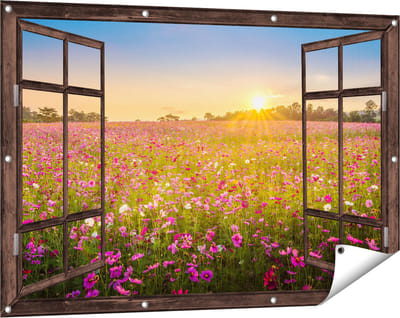Gards Tuinposter Doorkijk Bloemenveld met Roze Kosmos - 120x80 cm - Tuindoek - Tuindecoratie - Wanddecoratie buiten - Tuinschilderij