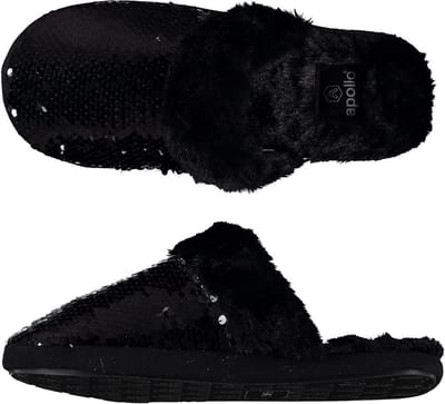 Dames instap slippers/pantoffels met pailletten zwart maat 41-42