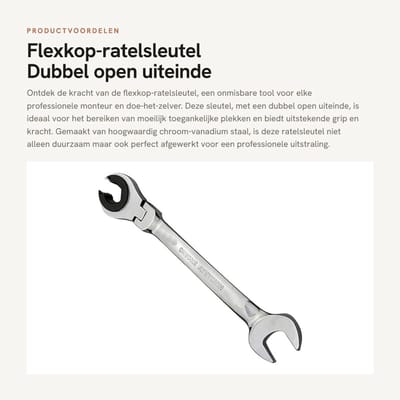 Dailygoods- Flexkop-Ratelsleutel 16 mm - Chroom-vanadium-staal - Hoogglans Gepolijst - Duurzaam - 72 Tanden - Klein Kopprofiel