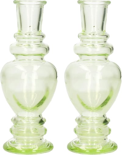 Ideas 4 Seasons Bloemenvaas Venice - 2x - voor kleine stelen/boeketten - gekleurd sierglas - helder lichtgroen - D5.7 x H15 cm