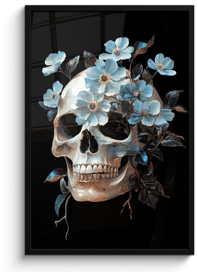 Poster in lijst - Fotolijst 60x90 cm - Posters - Schedel - Blauw - Bloemen - Bladeren - Posterlijst zwart - Decoratie - Wanddecoratie woonkamer - Muurdecoratie slaapkamer