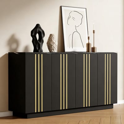 MIVRAY Dressoir - Opbergkast Met 4 Deuren En Verstelbare Indeling - Voor Woonkamer En Hal - Spaanplaat Zwart Goud - 140x35x70 Cm