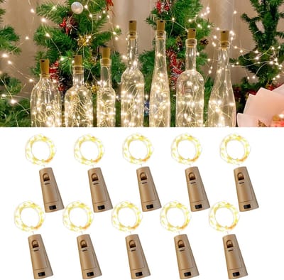 10 stuks - flesverlichting - kurkverlichting voor wijnflessen - LED fles licht batterij lichtslingers, 2m 20 LED koperdraad kerstverlichting voor feestjes, bruiloft, kerst DIY binnen/buiten decoratie