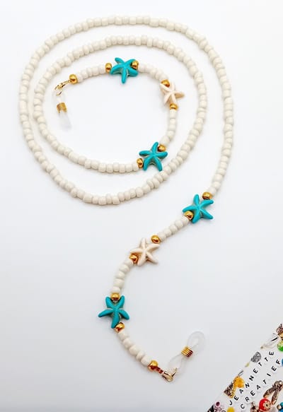 Jeannette-Creatief® - Zonnebrilkoord - Beach - Zonnebrilkoord Zeesterren Bleu Ivoorwit Gold - Brillenkoord - Zonnebrilkoordjes - Brillenkoordjes - Zonnebril