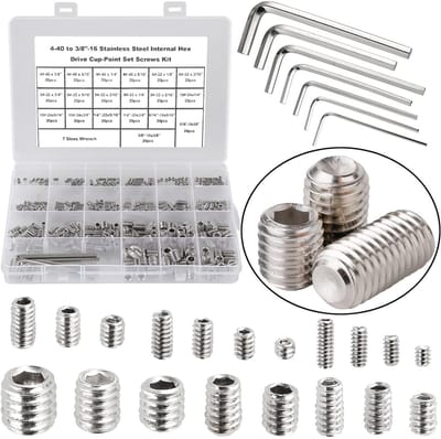 380 Delige SAE Set Schroeven RVS - Cup Point Stelschroeven Assortiment met Inbussleutels