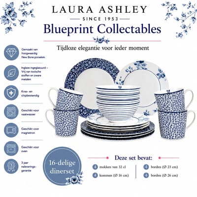 Laura Ashley Blueprint Collectables Serviesset - Servies - 4 persoons - 16 Delig - Kerstservies porselein