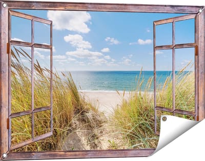 Gards Tuinposter Doorkijk Strand en Zee vanuit Duinen - 90x60 cm - Tuindoek - Tuindecoratie - Wanddecoratie buiten - Tuinschilderij