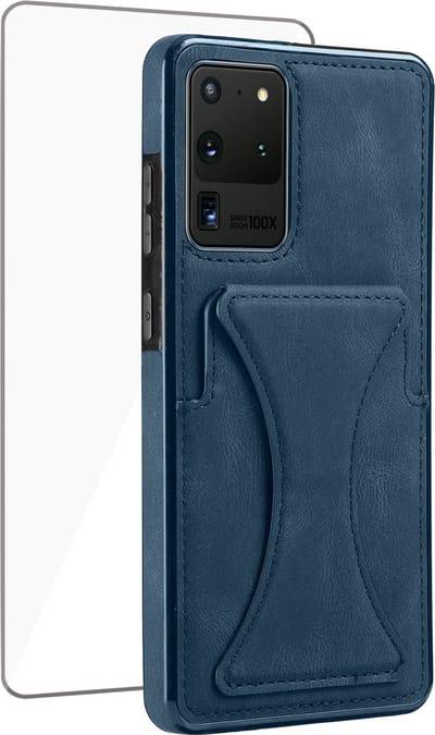 Geschikt voor Samsung S22+ Pasjes Houder Hoesje + Screenprotector – Gehard Glas Cover - Portemonnee Hoesje met Kickstand - Magnetisch - Blauw