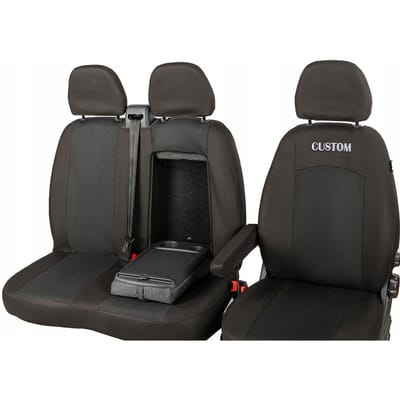 Op maat gemaakte Stoelhoezen Set - Geschikt voor Ford Transit Custom vanaf 2024 - 3-persoons (2+1) - Toegang tot Tafel - Hoogwaardige Bekledingsstof - Antraciet/Zwart