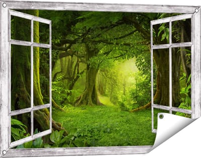 Gards Tuinposter Doorkijk Groene Tropische Jungle Bos - 90x60 cm - Tuindoek - Tuindecoratie - Wanddecoratie buiten - Tuinschilderij