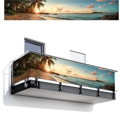Balkonscherm 500x85 cm - Balkonposter Strand - Palmbomen - Oceaan - Zonsondergang - Balkon scherm decoratie - Balkonschermen - Balkondoek zonnescherm