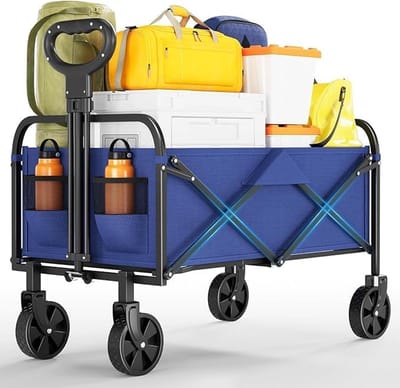 Opvouwbare Bolderkar - Tot 172 kg Draagkracht - Strandkar met 360° Draaibare Brede Wielen - Voor Camping, Tuin, Festival & Strand - Blauw