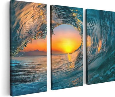Artaza Canvas Schilderij Drieluik Golf bij Zonsondergang - 120x80 cm - Wanddecoratie Woonkamer - Schilderijen - Muurdecoratie