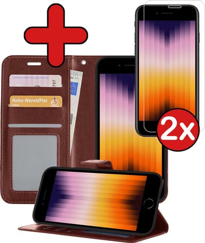 Hoesje - Met 2x Screenprotector - Geschikt voor Apple iPhone SE (2022) - Luxe Pasjeshouder - Flip Case - Bookcase Portemonee - Kunstleer Book Case - Flipcase Hoes - Book Cover - Walletcase - Portemonneehoes - Telefoonhoes - Bruin
