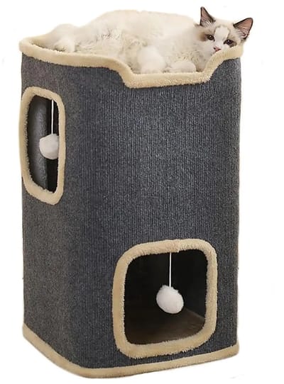 Stervia Kattenhuis - Kattengrot - Huisje Voor Katten - 3 Laags - Incl 2 Speelelementen - Zachte Liggedeeltes - Donkergrijs - 40 x 40 x 60 cm