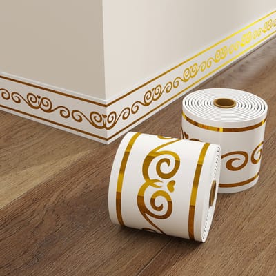 Plakplint - Zelfklevende Plint - Decoratieve Plintstrip - Waterdichte Wandplint - Flexibele PVC Plint Met Klassiek Kruldesign - Wit Goud - 10 cm x 5 m