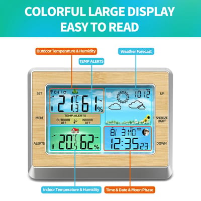 Draadloos Weerstation Klok 6in LED Kleurenscherm Helderheid Instelbaar Binnen Buiten Temperatuur- en Vochtigheidsmeter kleur van een oude boom