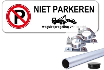 Niet parkeren bord 2 - Weerbestendig Aluminium - 40x15 cm - Bevestiging: Met paal 120 cm + paalbeugels + paaldop