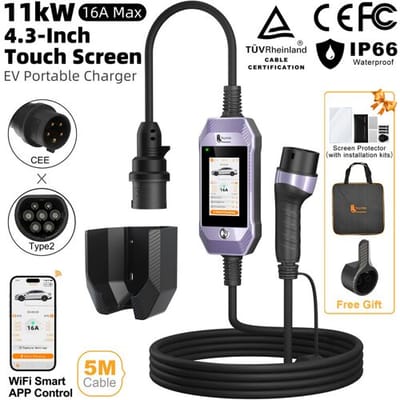 feyree Draagbare EV-oplader Type 2 16A 11kW 3-fasen 4,3-inch touchscreen Slimme app Wi-Fi-bediening Oplaadlogboek geschikt voor elektrische auto's