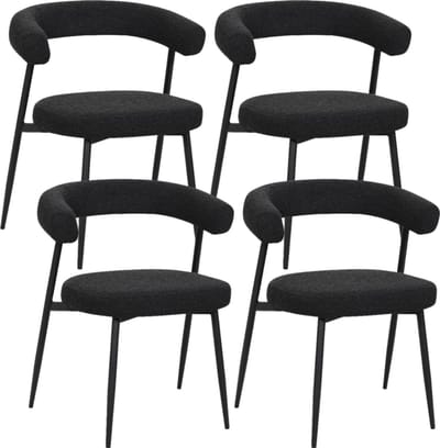 BukkitBow – Eetkamerstoel / Keukenstoel - Geschikt als Make-up Stoel - Chenille Stof & Metalen Onderstel - Open Design - Zwart - 4 Stuks