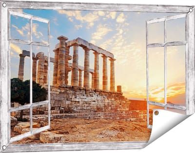 Gards Tuinposter Doorkijk Tempel van Poseidon in Athene, Griekenland - 90x60 cm - Tuindoek - Tuindecoratie - Wanddecoratie buiten - Tuinschilderij