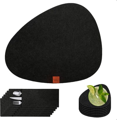KitchenLove Placemats - 6 Stuks - 31 x 38 cm - Met Glazenonderzetters en Bestekzakjes - Vilt Stof - Ovaal - Zwart