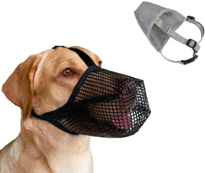 Muilkorf voor honden - zachte mesh honden mondbeschermer beschermende muilkorf met verstelbare banden - Verstelbare muilkorf van mesh - Voor kleine/ middelgrote en grote honden - Voorkomt bijten/kauwen - Zwart/Grijs - XS+