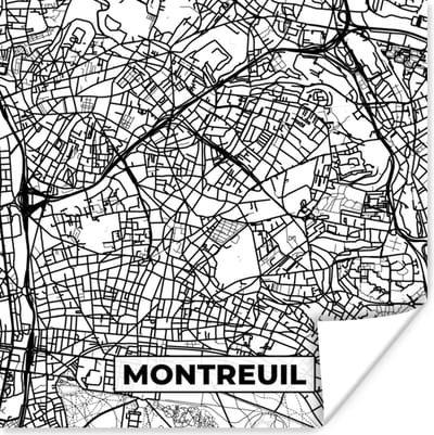 Poster Stadskaart - Plattegrond - Montreuil - Kaart - Frankrijk - Zwart wit - 100x100 cm XXL