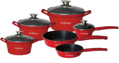 Cheffinger Pannenset - 12-delig - Rood - Inductie - Met Glazen Deksels