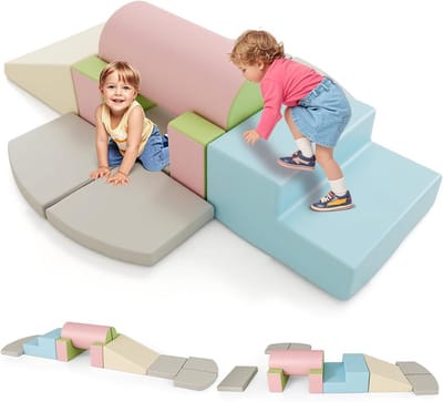 COSTWAY Zachte Schuimrubberen Bouwstenen Set – 10-delige Reuzenbouwstenen van PU Kunstleer met Klittenbandsluiting – Klim- en Glijblokken voor Kinderen vanaf 1 Jaar, Voor Binnen
