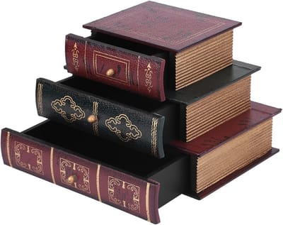 Retro sieradenopslagdoos in boekvorm, bureau-organizer met 3 lades voor sieraden en accessoires, 21 x 15 x 14,5 cm