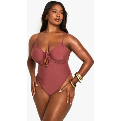 boohoo Dames Plus Zwemkleding met Kralen en Banddetail vooraan | Chocolate | Maat: 26