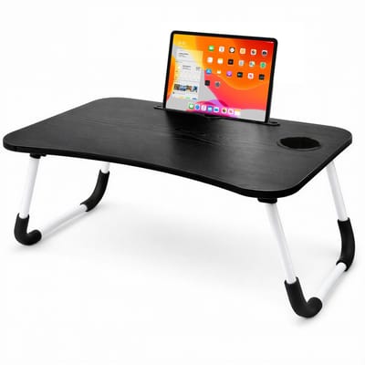 Laptoptafel - Bedtafel - Inklapbaar - Met Tablet Houder & Bekerhouder – Antislip – 60 cm – Zwart – Voor Bed & Bank - Rheme