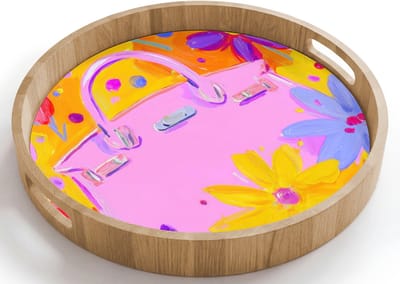 Dienblad rond 40x40 cm - Schootdienblad hout - Tas - Roze - Bloemen - Borrelplank rechthoek - Plateau houten dienbladen