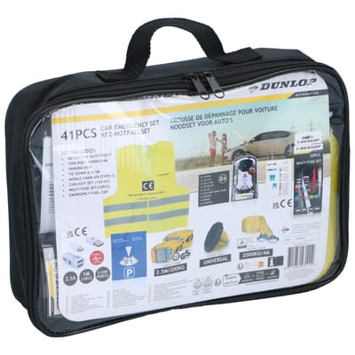 Dunlop Auto Veiligheidsset - Incl. Veiligheidsvest, Sleepkabel, Sjorband en Parkeerschijf en Auto Zekeringen Set - Sigarettenaansteker Splitter met Oplaadkabel USB C