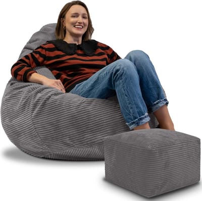 DreamRoots Zitzak voor Volwassenen of Kinderen – Corduroy Beanbag met Voetsteun en Afneembare Hoes – Inclusief Vulling – 90x90x100 cm – Frost Gray