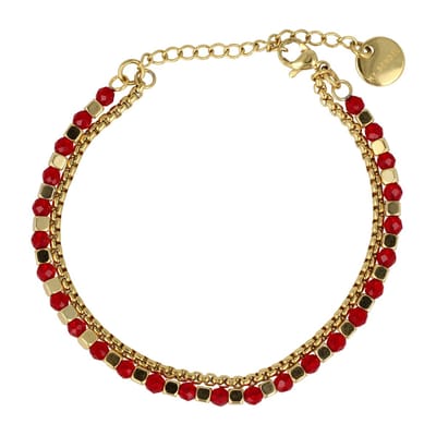 My Bendel - Goudkleurige Dubbele Armband met Rode Glasstenen - Goudkleurige Armband met Rode Glasstenen - Elegant Design - met Luxe Cadeauverpakking | Sieraden Voor Dames