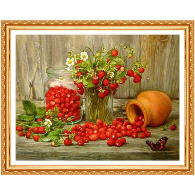 Peinture diamant fleur de fraise, broderie complète de diamant rond, point de croix, décoration de maison 20X30CM beige