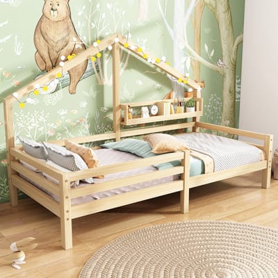 DESMIU Huisbed Kinderbed 90x200cm – Scandinavisch Bed Met Boekenrek – Speels Huisdesign Met Opbergrek En Veiligheidshek – Voor Kinderkamer – Grenenhout – Naturel – Zonder matras