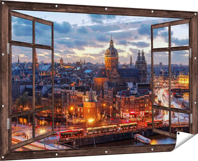 Gards Tuinposter Doorkijk Amsterdam Centrum Luchtfoto Zonsondergang - 180x120 cm - Tuindoek - Tuindecoratie - Wanddecoratie buiten - Tuinschilderij