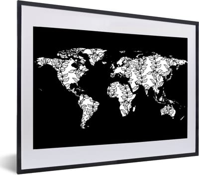 Poster in lijst - Fotolijst 60x40 cm - Posters - Wereldkaart - Zwart - Wit - Bladeren - Posterlijst zwart - Decoratie - Wanddecoratie woonkamer - Muurdecoratie slaapkamer