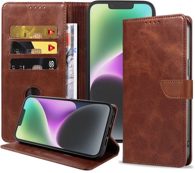Geschikt voor iPhone 14 Telefoonhoesje Kunstleer met Magnetisch lipje en Pasjeshouder Book Case met Klepje - Donkerbruin - Smartphonica geschikt voor iPhone 14